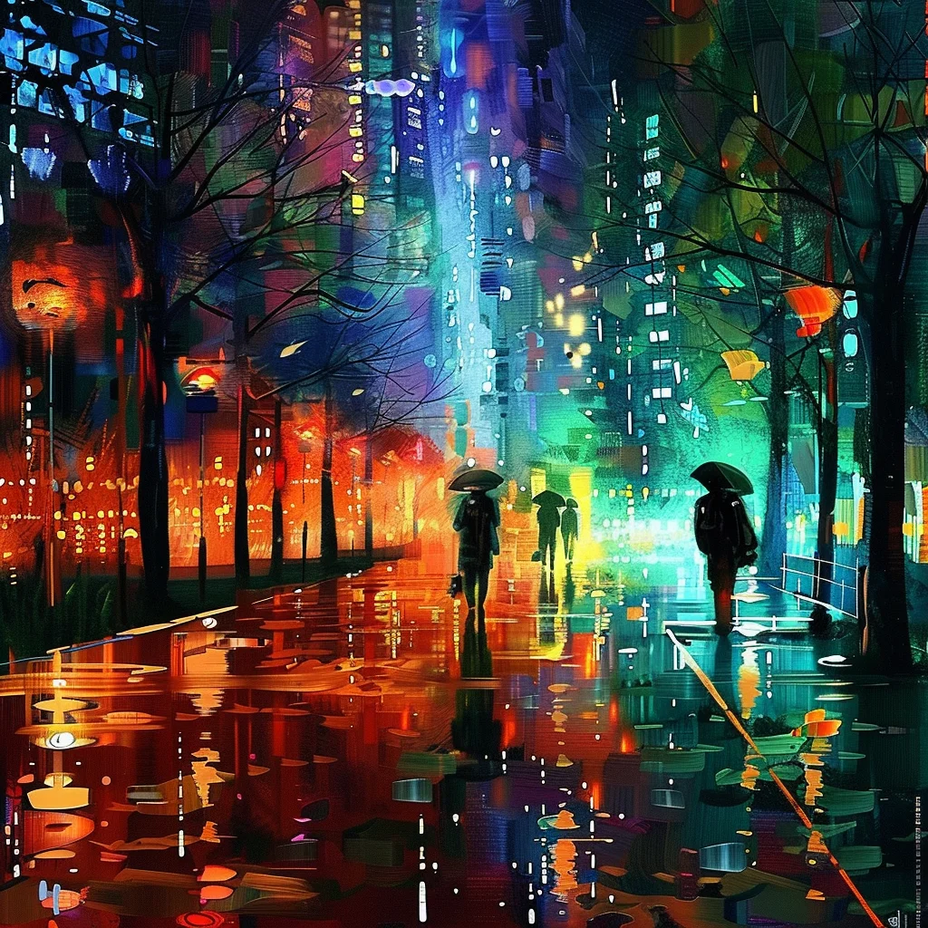 City lights in the rain